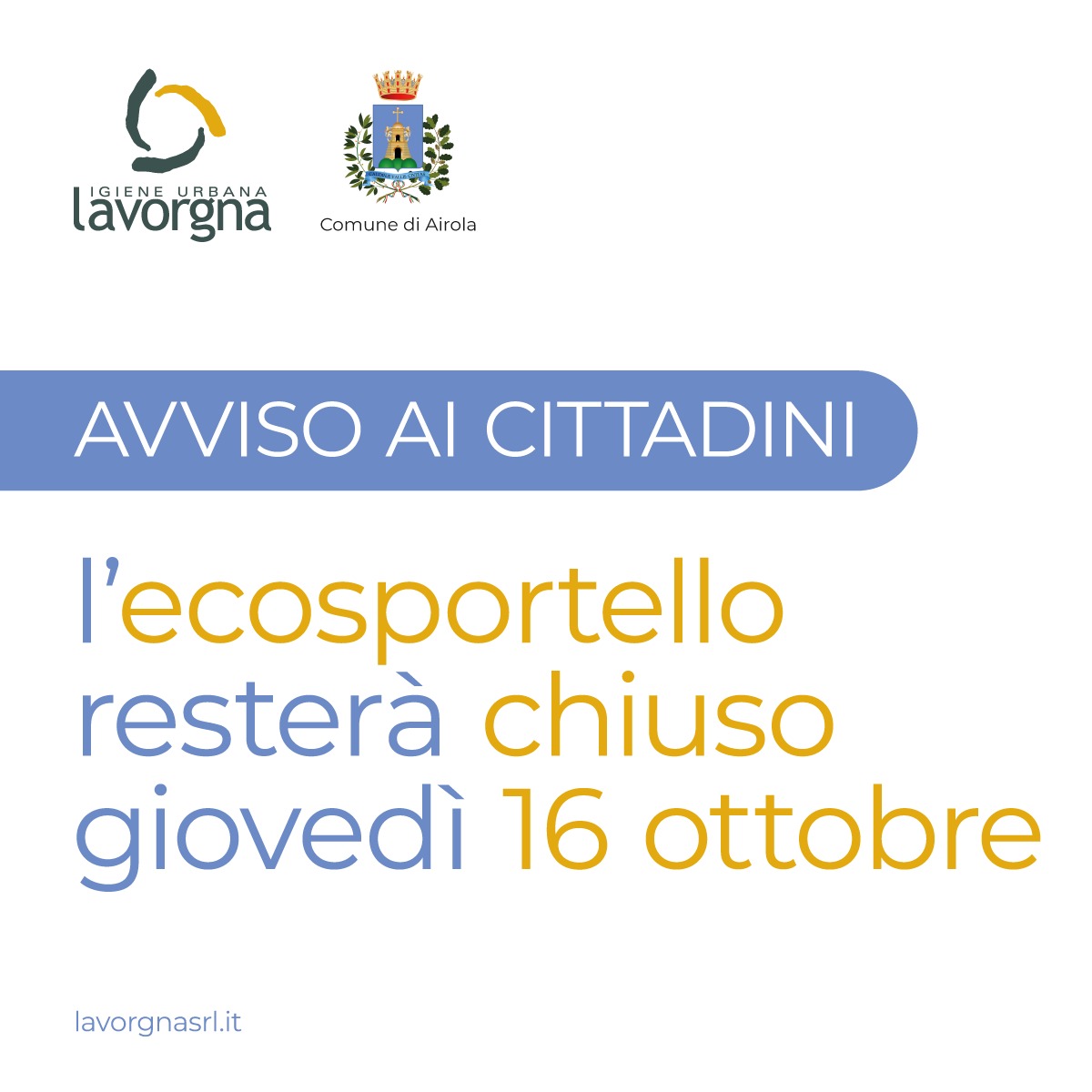 Chiusura ecosportello il 16 ottobre 2025
