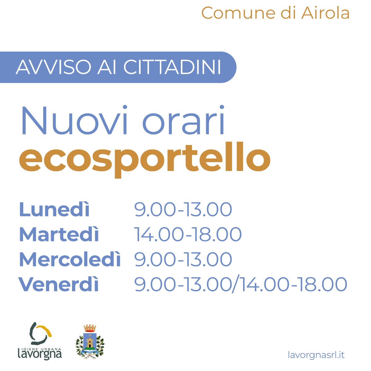 Nuovi orari dell’ecosportello comunale