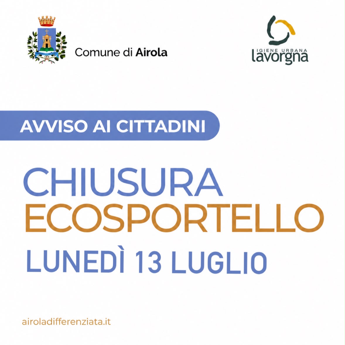 Chiusura ecosportello lunedì 13 luglio 2026