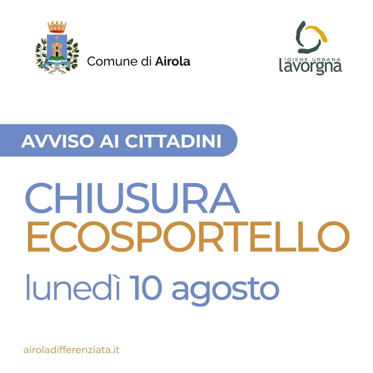 Chiusura ecosportello lunedì 10 agosto 2026